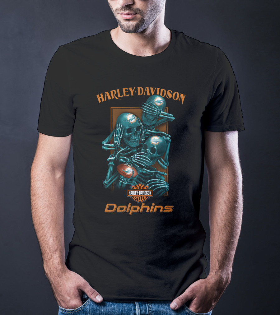 Harley Davidson Motor Cycles Miami Dolphins Nfl Skeletons T-Shirt