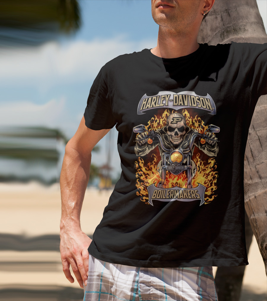 Harley Davidson Purdue Boilermakers Motorcycles Flame Skull T-Shirt