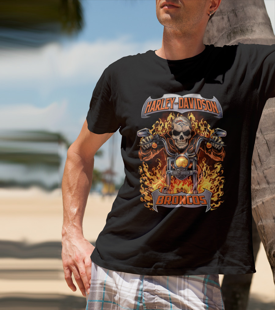 Harley Davidson Denver Broncos Skull Flames Motorcycle Nfl Hl1502 T-Shirt