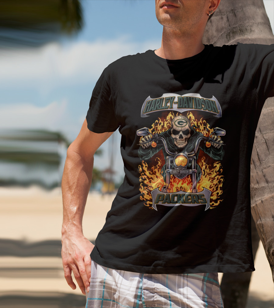 Harley Davidson Packers Skull Motorcycle Flames Green Bay T-Shirt