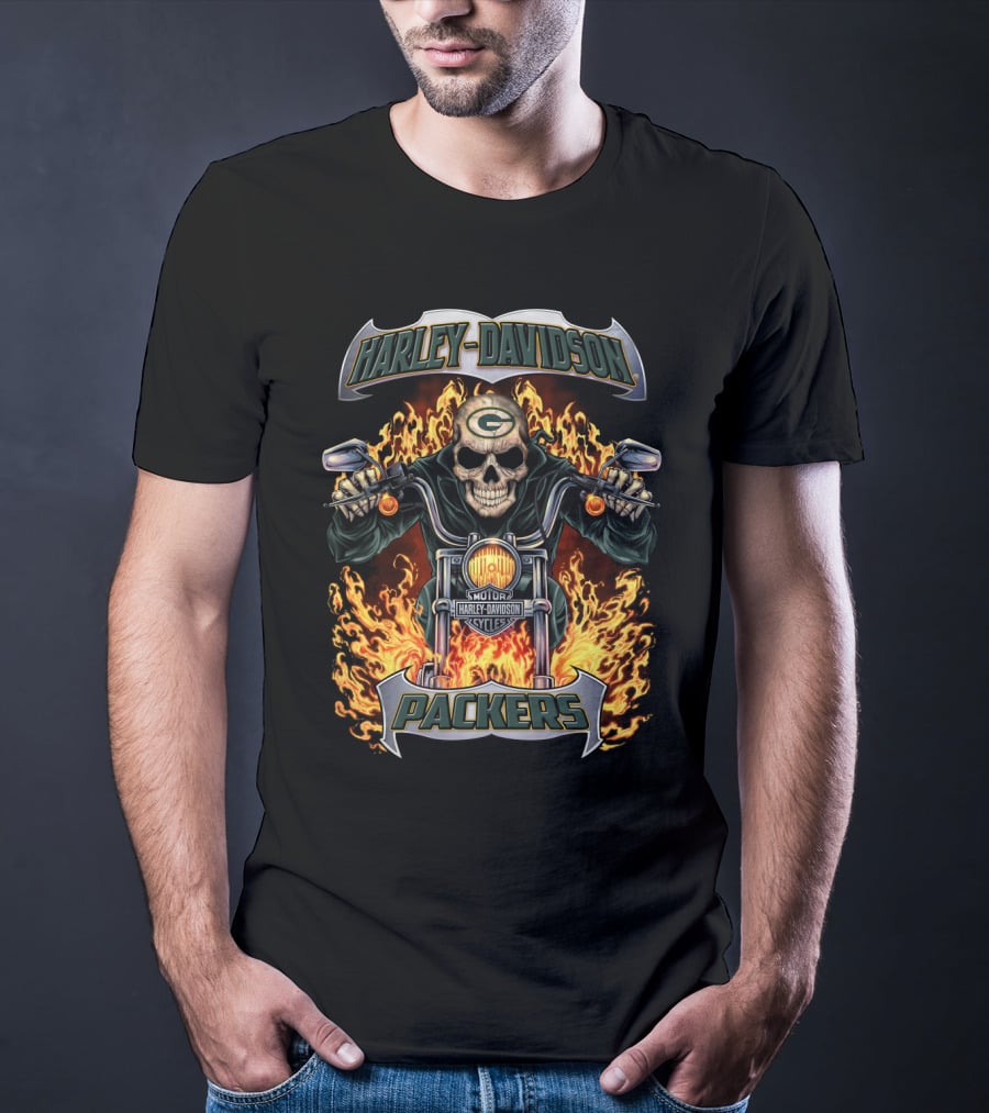Harley Davidson Packers Skull Motorcycle Flames Green Bay T-Shirt