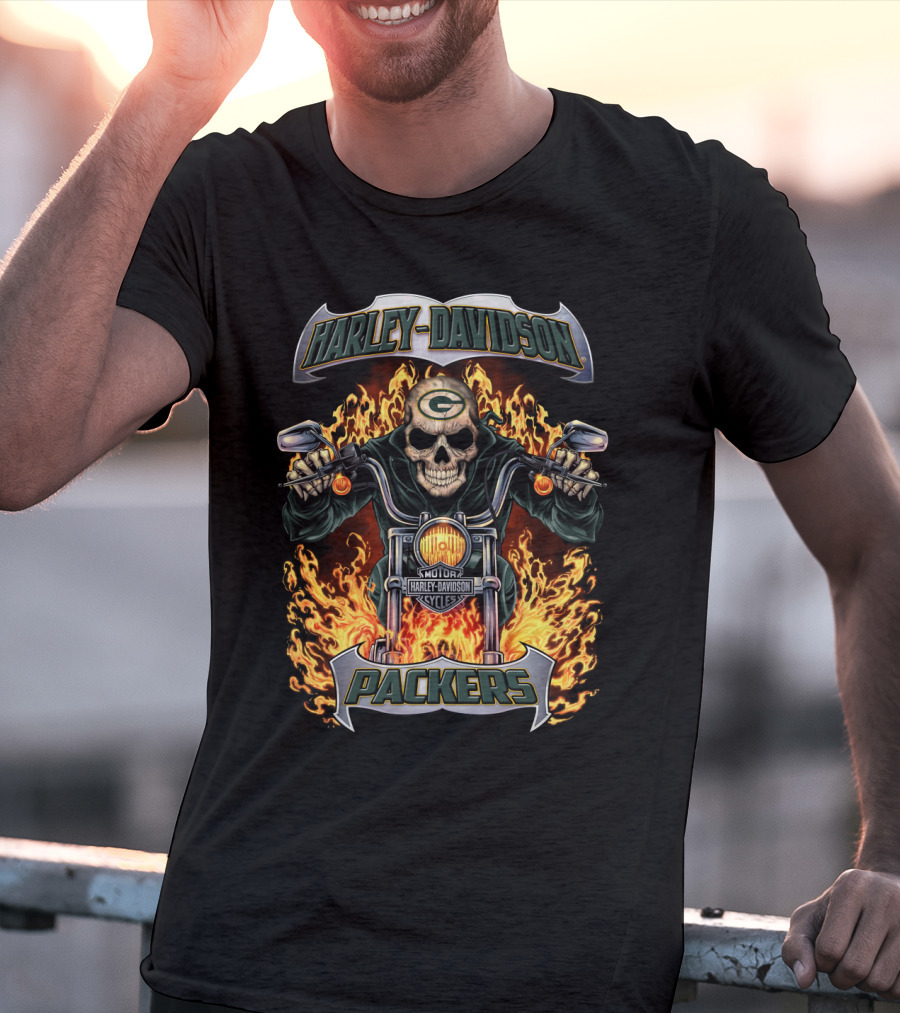 Harley Davidson Packers Skull Motorcycle Flames Green Bay T-Shirt