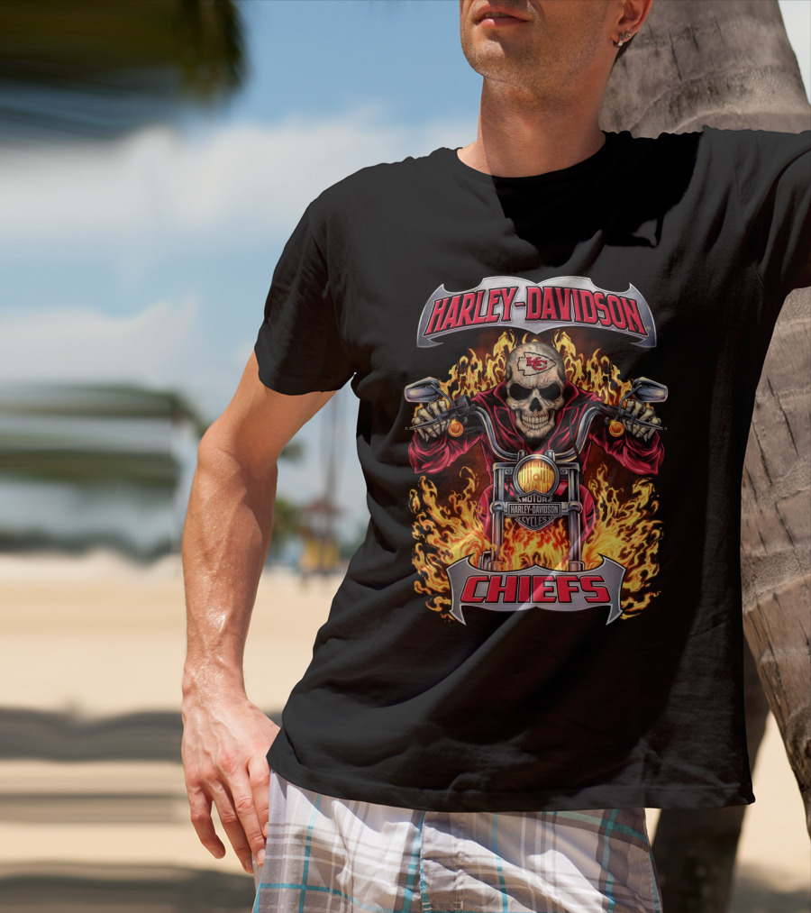 Harley Davidson Kansas City Chiefs Skull Flames Motorcycle T-Shirt