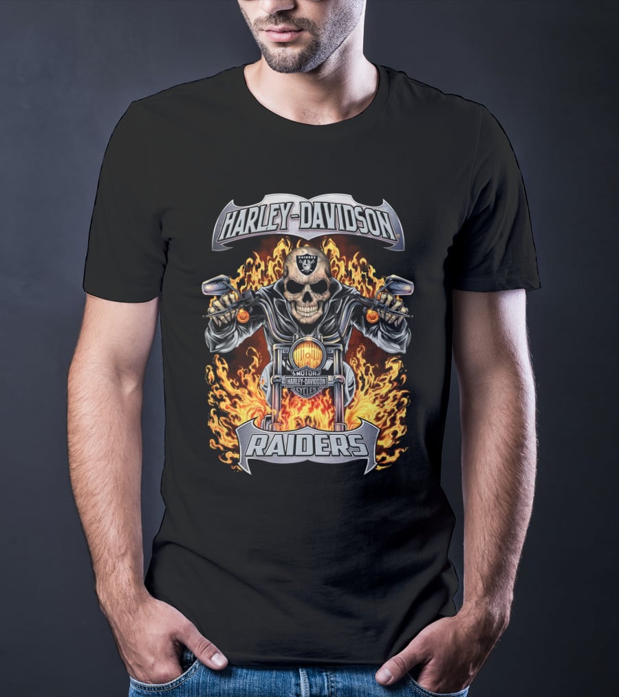 Harley Davidson Raiders Motorcycle Skull Flames T-Shirt
