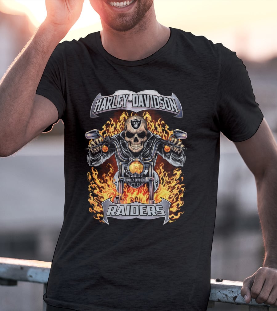 Harley Davidson Raiders Motorcycle Skull Flames T-Shirt