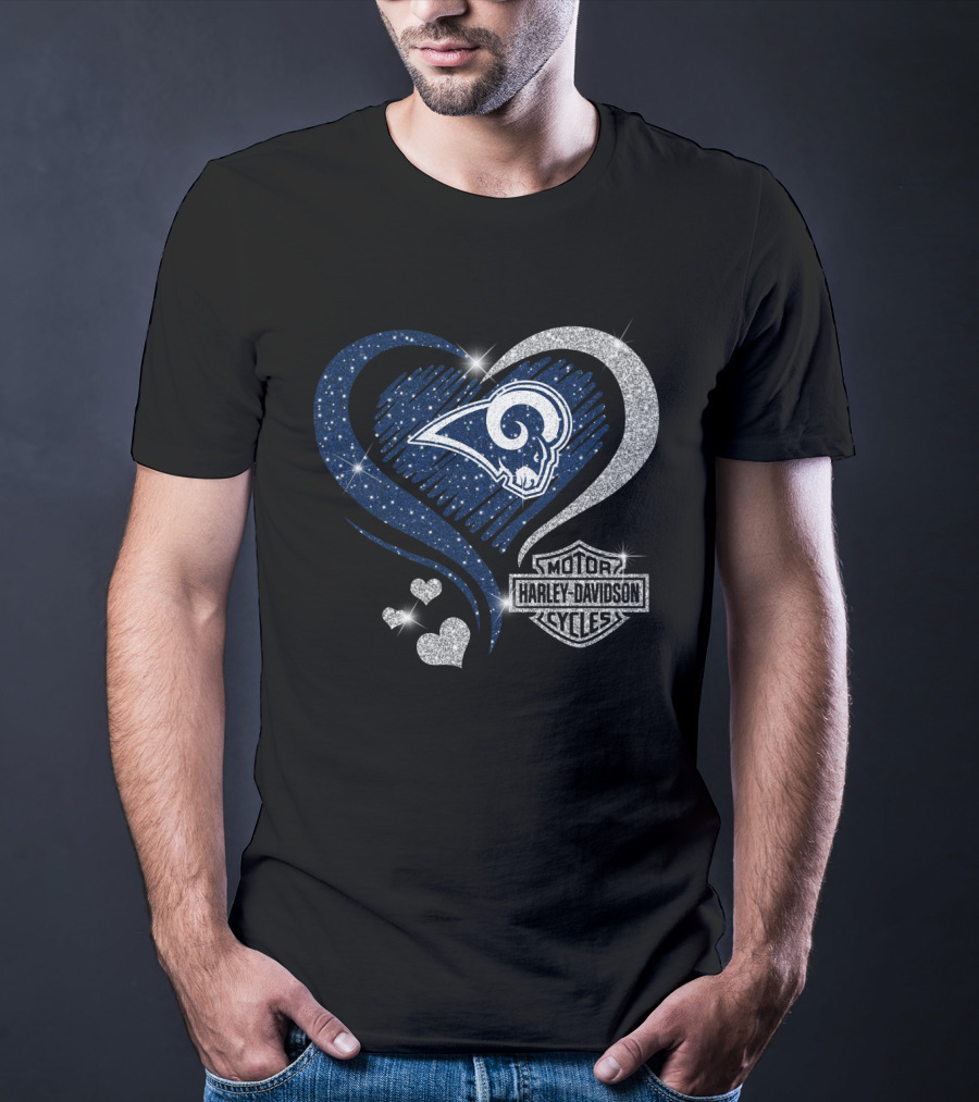 Hd Los Angeles Rams Harley Davidson Sparkle Heart Combination T-Shirt