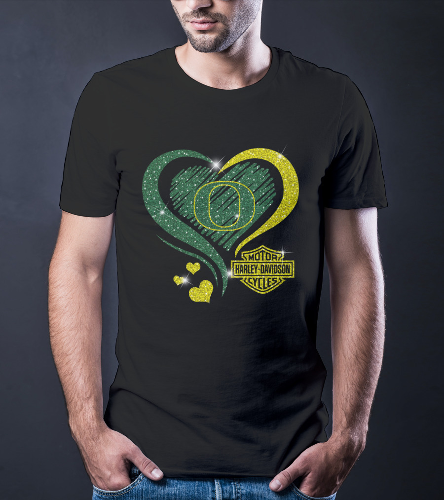 Oregon Ducks Heart Harley Davidson Motorcycles T-Shirt