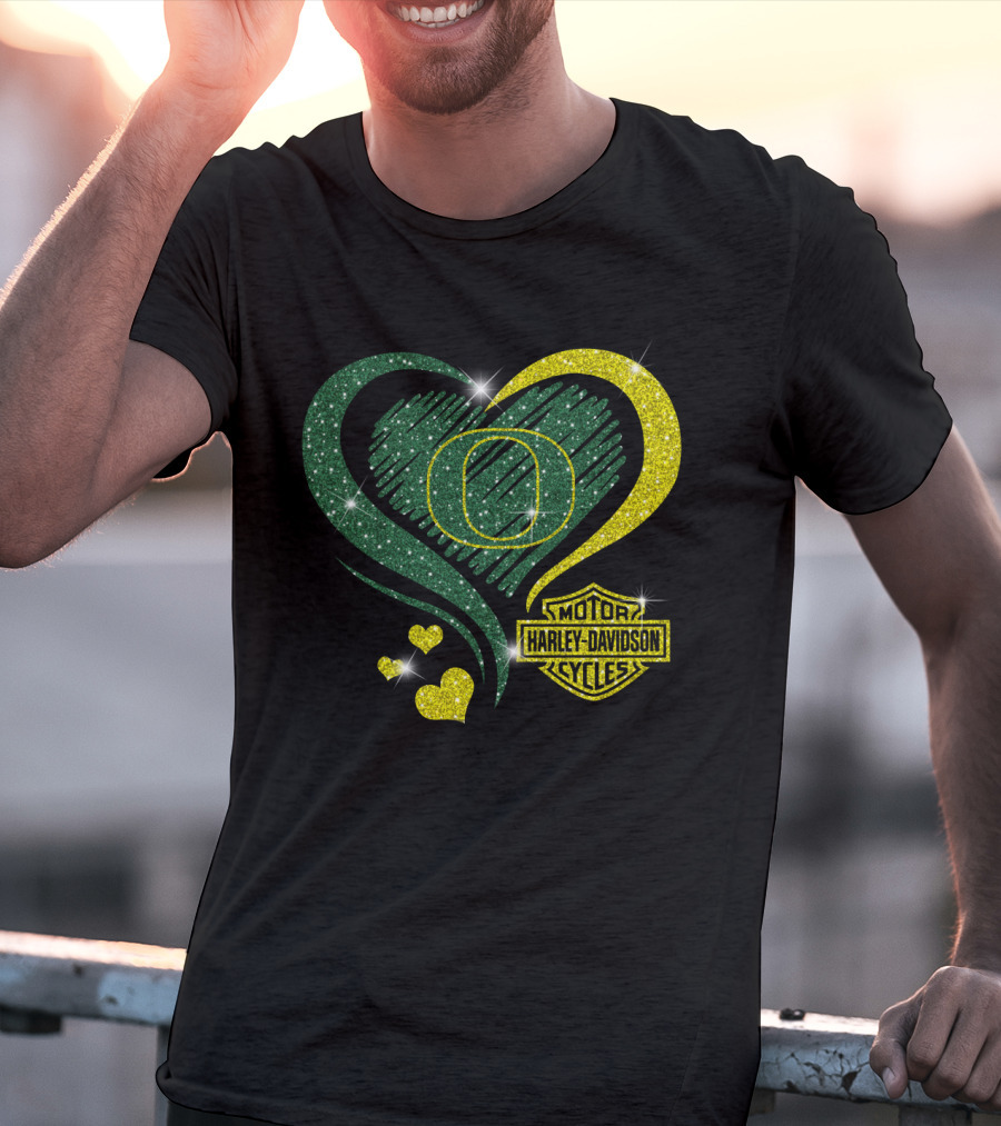 Oregon Ducks Heart Harley Davidson Motorcycles T-Shirt