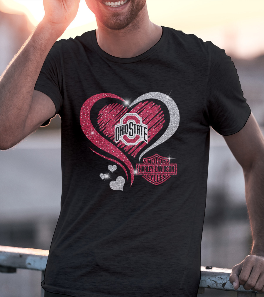 Ohio State Buckeyes Heart With Harley Davidson Motorcycles T-Shirt
