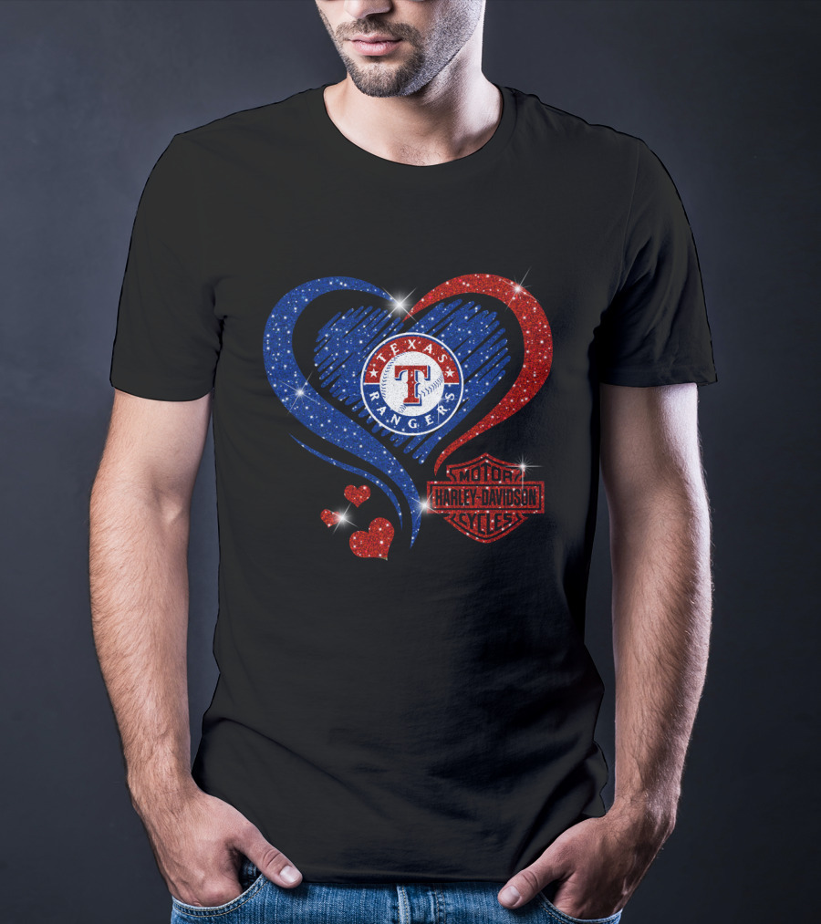 Texas Rangers Harley Davidson Heart Glitter T-Shirt