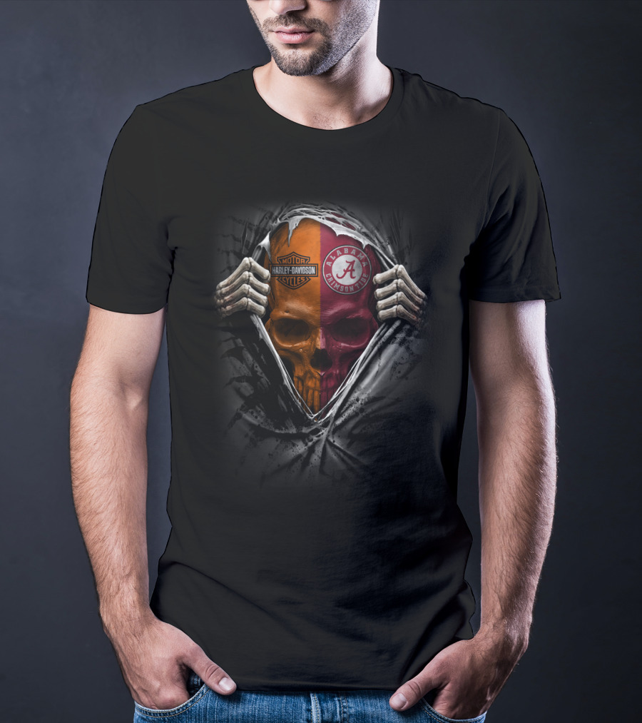 Alabama Crimson Tide Harley Davidson Dual Skull Motif T-Shirt