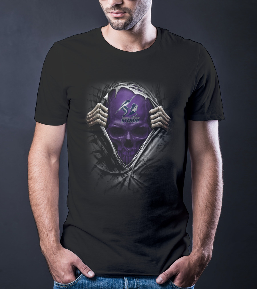 XA NRL Melbourne Storm Skull With Logo And Skeleton Hands T-Shirt