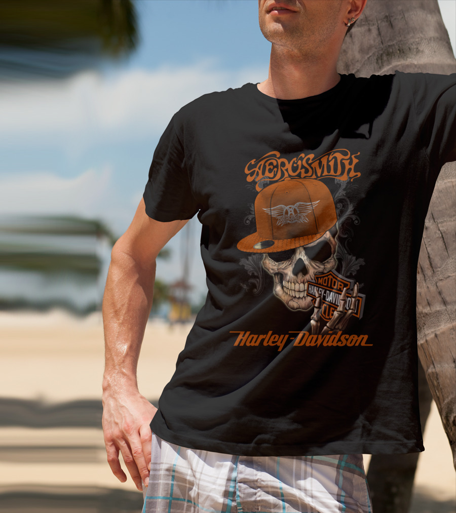 Aerosmith Harley Davidson Skull With Cap T-Shirt