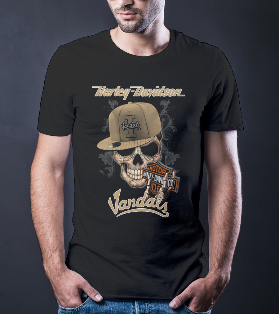 Harley Davidson Vandals Skull With Idaho Hat And Motor Badge T-Shirt