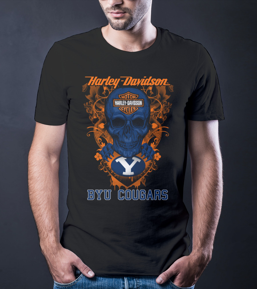 Harley Davidson Blue Skull With Byu Cougars T-Shirt