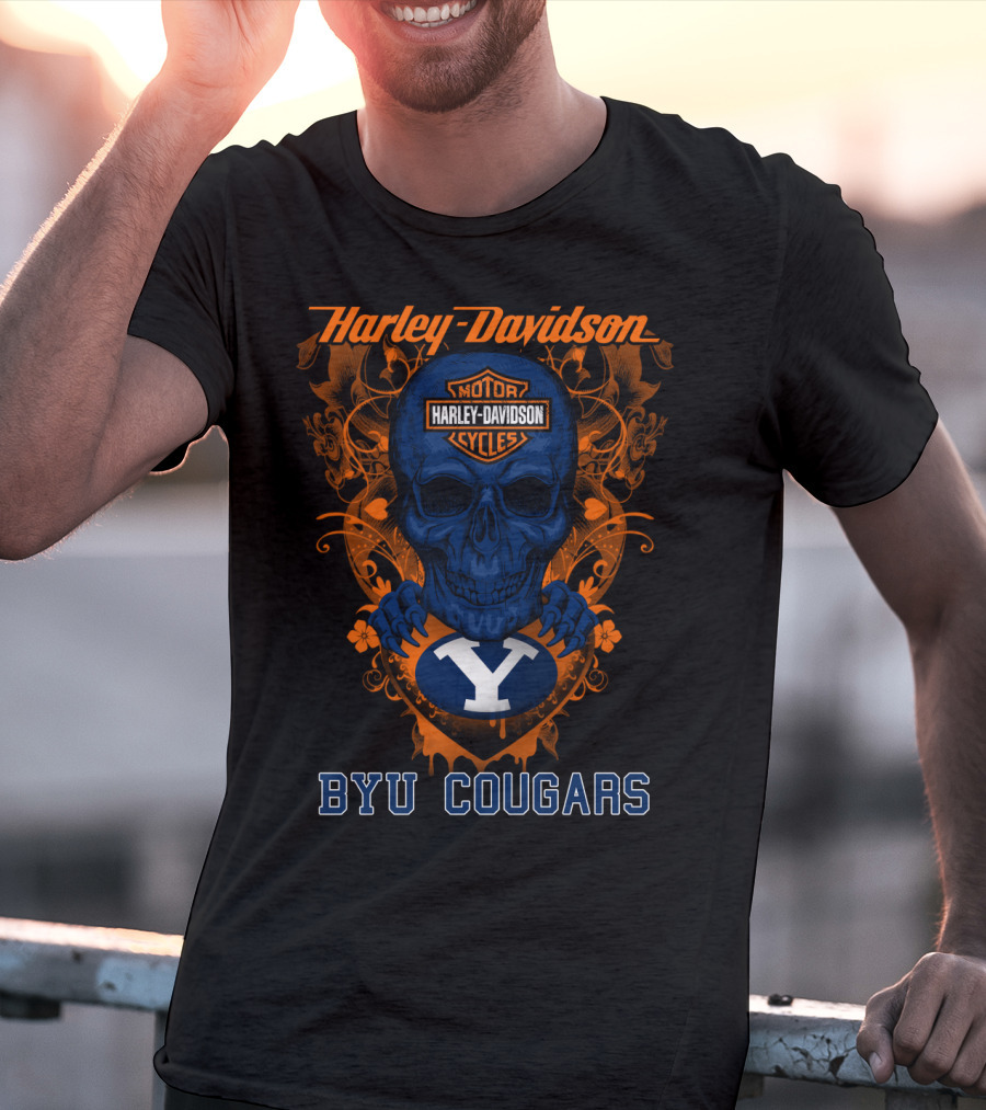 Harley Davidson Blue Skull With Byu Cougars T-Shirt