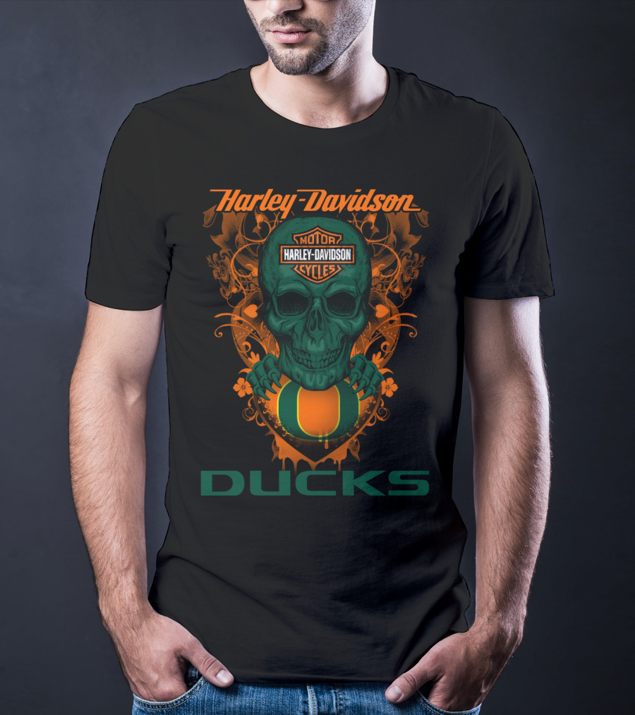 Harley Davidson Motorcycles Oregon Ducks Skulls T-Shirt