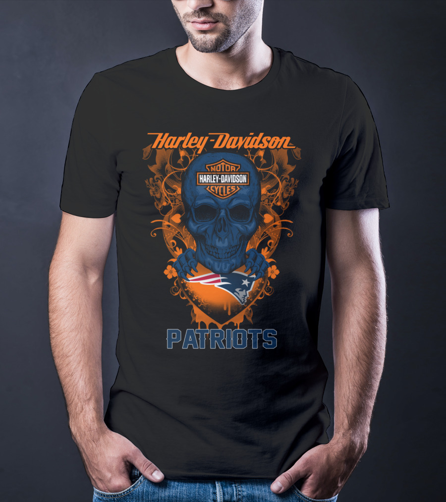 Harley Davidson Motorcycles Skull New England Patriots T-Shirt