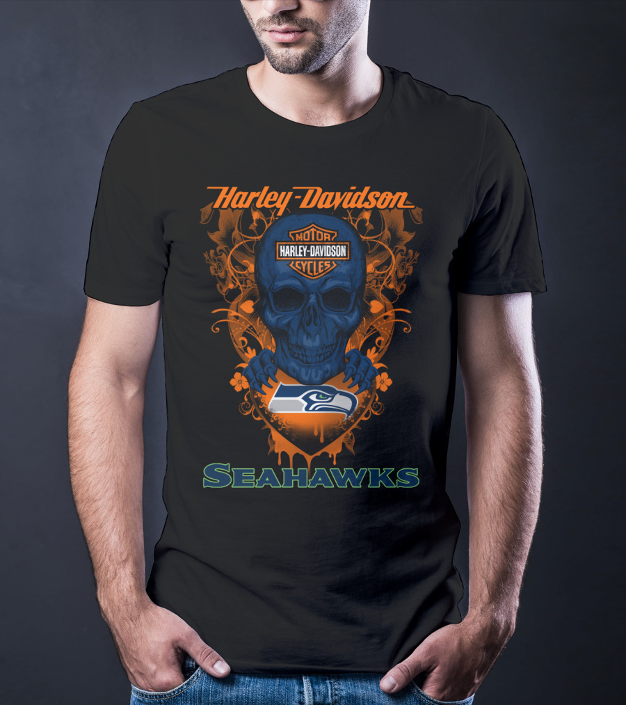 Harley Davidson Motor Cycles Seattle Seahawks Skull T-Shirt