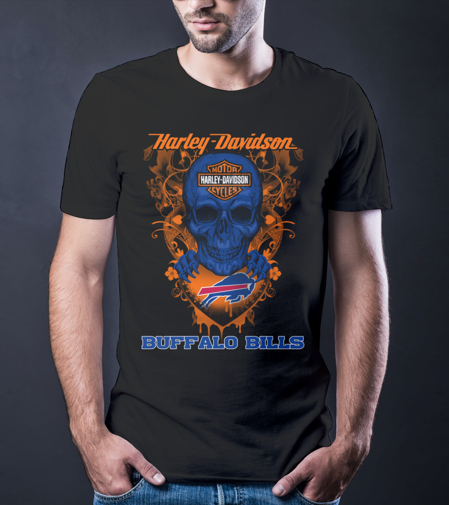 Harley Davidson Motorcycles Buffalo Bills Nfl Skull And Shield T-Shirt