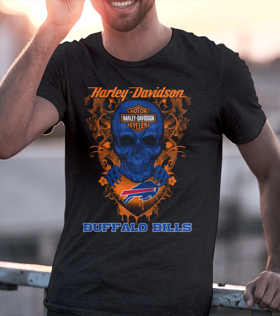 Harley Davidson Motorcycles Buffalo Bills Nfl Skull And Shield T-Shirt