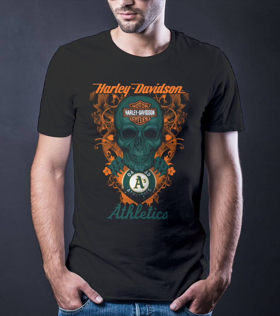 Harley Davidson Motor Cycles Skull Oakland Athletics T-Shirt