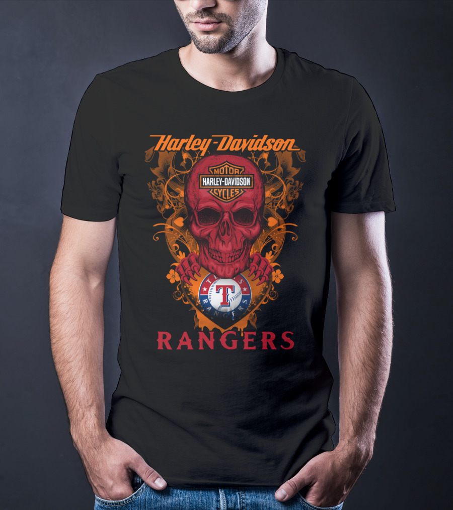 Harley Davidson Motor Cycles Skull Texas Rangers Mlb T-Shirt