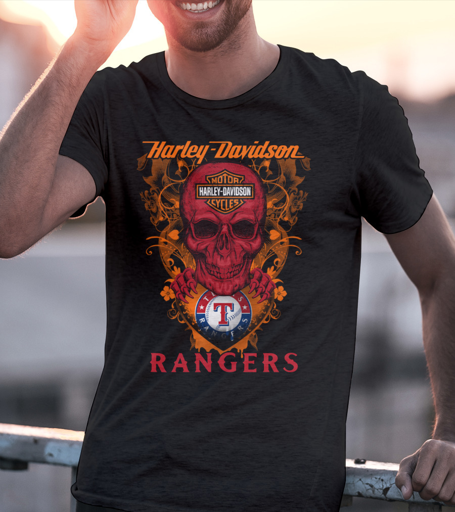 Harley Davidson Motor Cycles Skull Texas Rangers Mlb T-Shirt