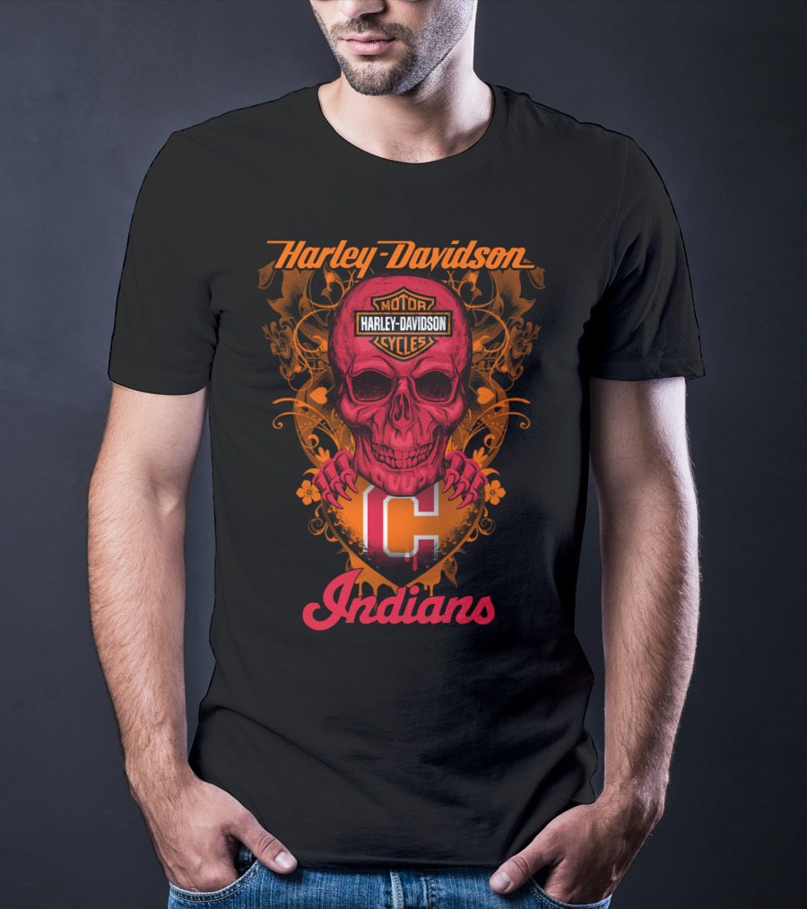 Harley Davidson Motor Cycles Skull Cleveland Indians T-Shirt