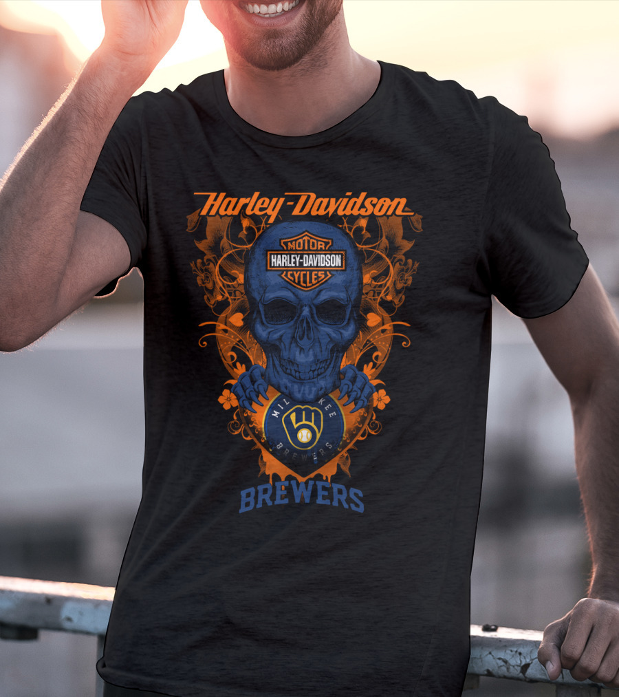 Harley Davidson Motorcycles Milwaukee Brewers Skull T-Shirt