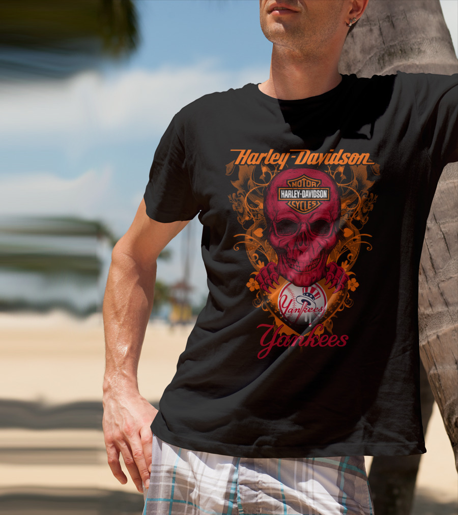 Harley Davidson Motor Cycles Skull Yankees T-Shirt