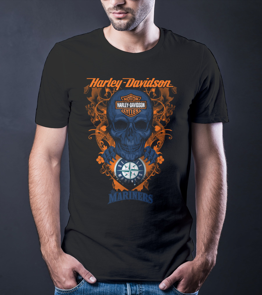Harley Davidson Motor Cycles Seattle Mariners Skull T-Shirt