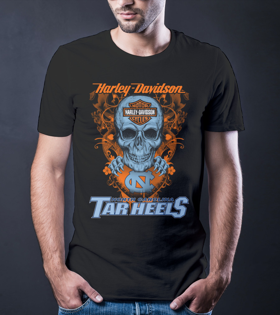 Harley Davidson Skull With North Carolina Tar Heels T-Shirt