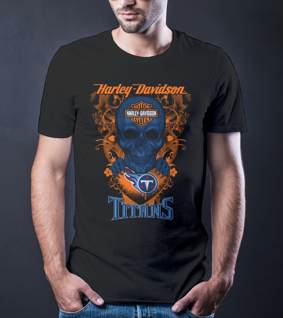 Harley Davidson Motor Cycles Skull With Tennessee Titans T-Shirt