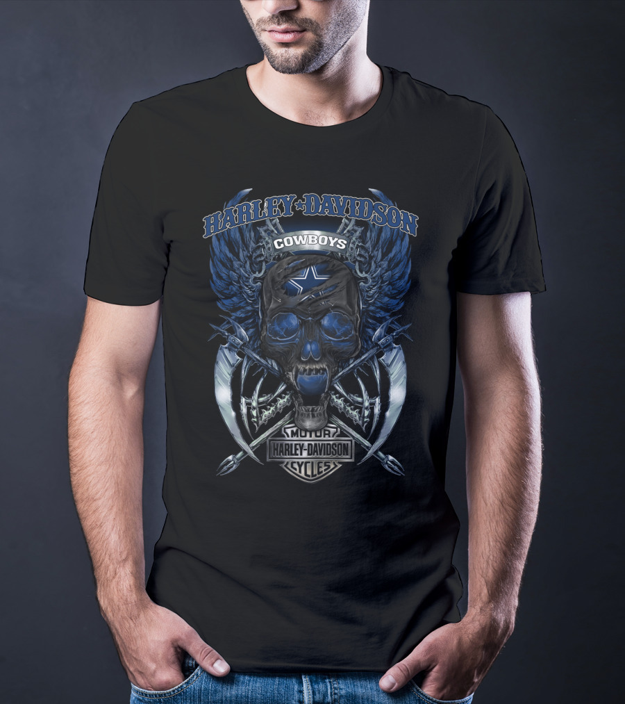 Harley Davidson Cowboys Skull With Blue Wings And Dallas Star T-Shirt