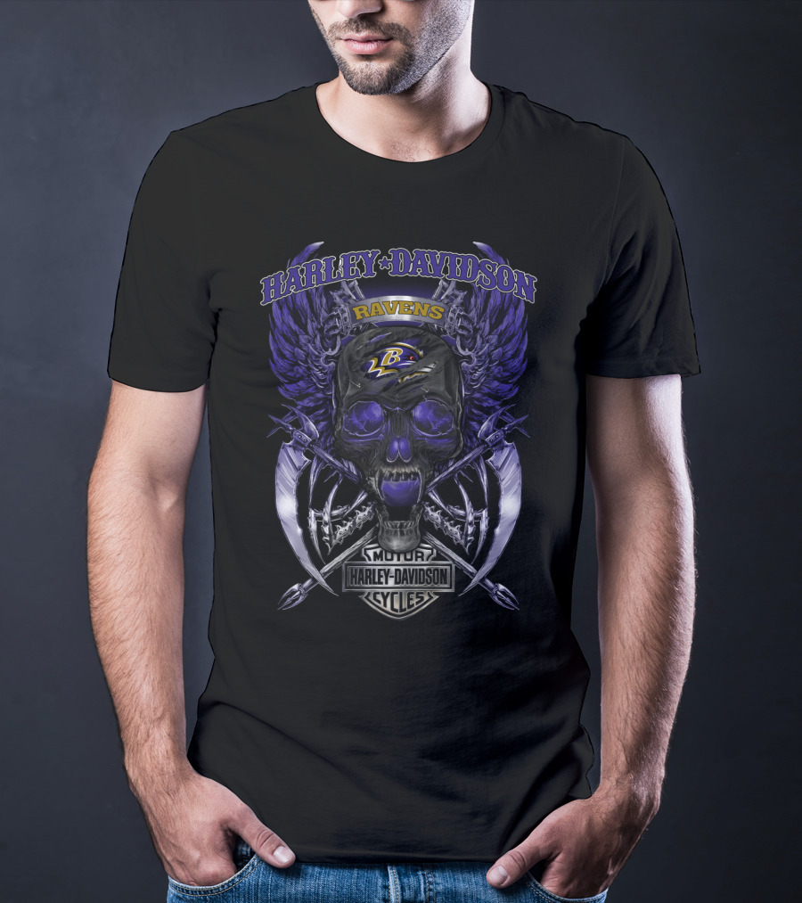 Harley Davidson Ravens Baltimore Skull Wings Motorcycle Cycles T-Shirt
