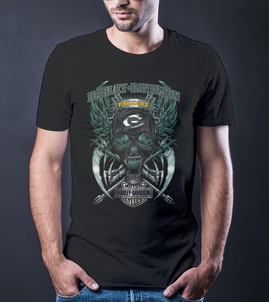 Harley Davidson Motor Cycles Packers Skull Wings Green Bay T-Shirt