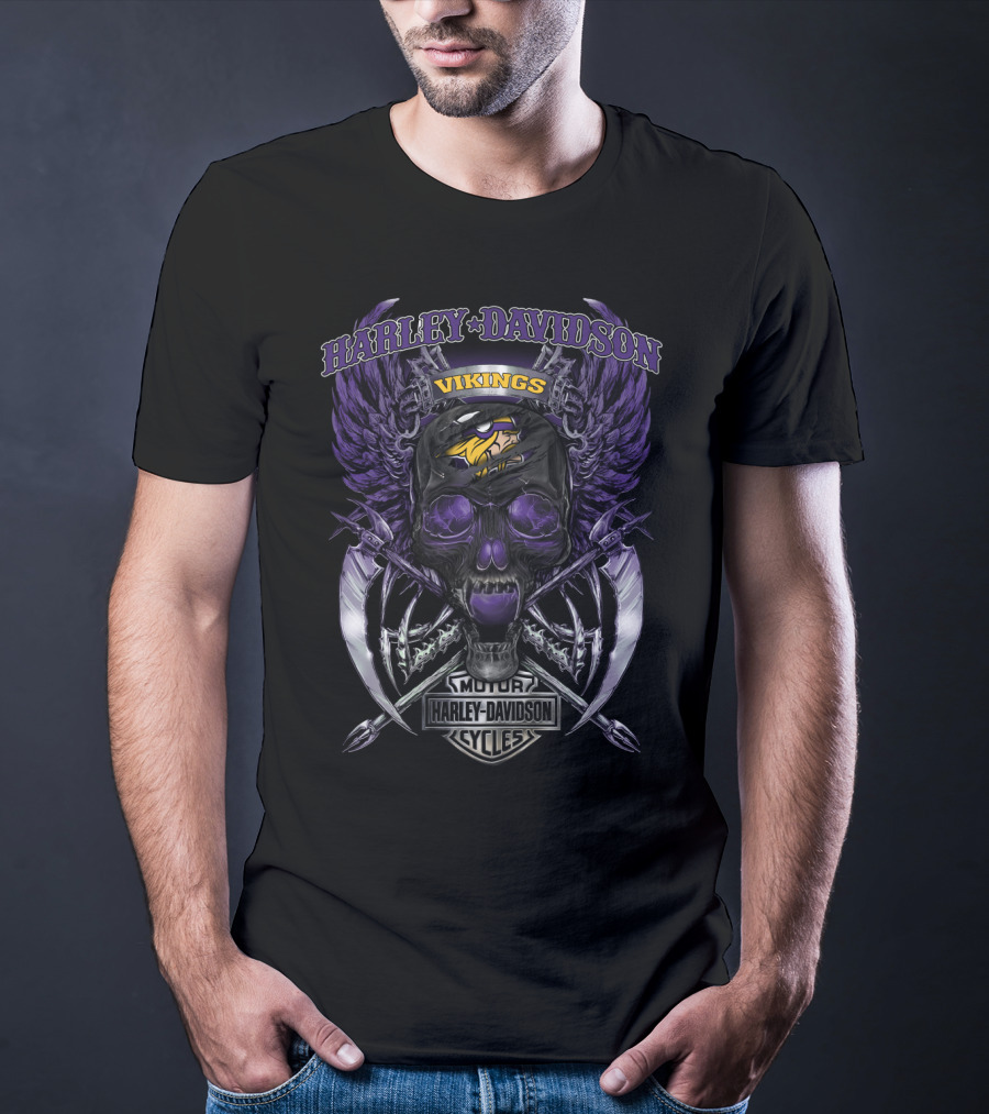 Harley Davidson Vikings Motor Cycles Minnesota Skull Wings T-Shirt