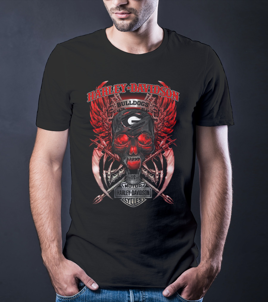 Harley Davidson Georgia Bulldogs Skull Wings Motor Cycles T-Shirt
