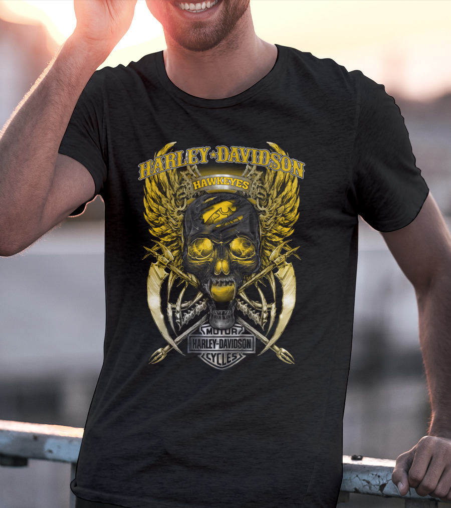 Harley Davidson Hawkeyes Motor Cycles Skull T-Shirt
