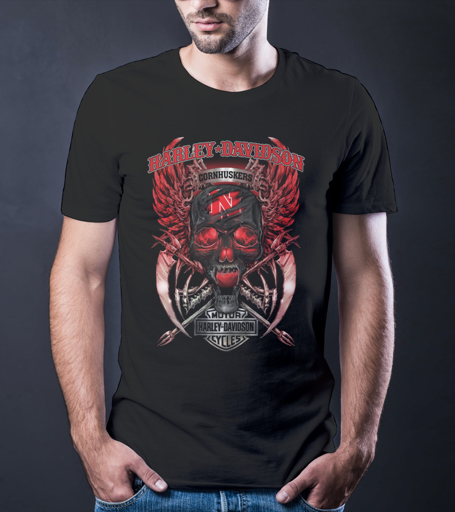 Harley Davidson Nebraska Cornhuskers N Skull Wings T-Shirt