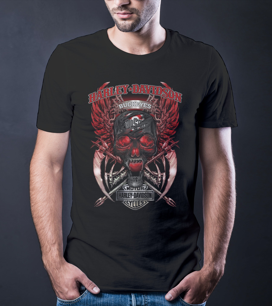 Harley Davidson Ohio State Buckeyes Skull Wings Logo Motor Cycles T-Shirt