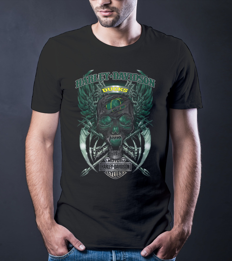 Harley Davidson Oregon Ducks Skull Wings Motor Cycles T-Shirt