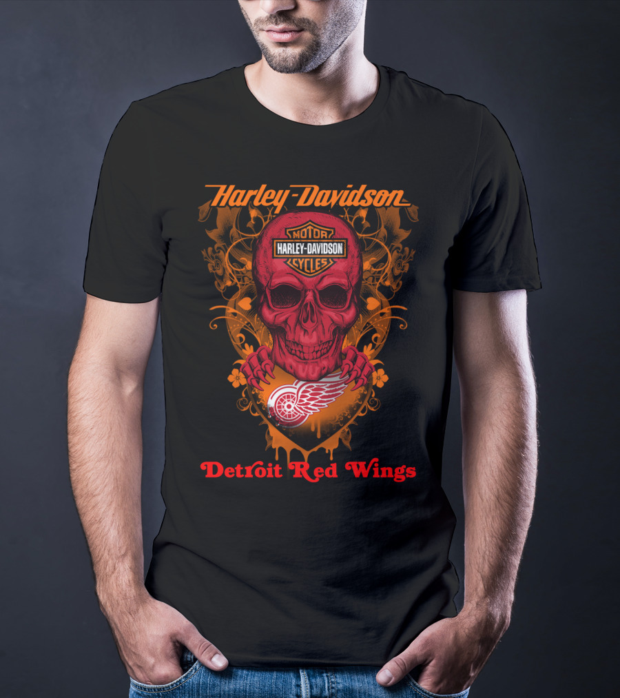 Harley Davidson Motor Cycles Skull Detroit Red Wings T-Shirt