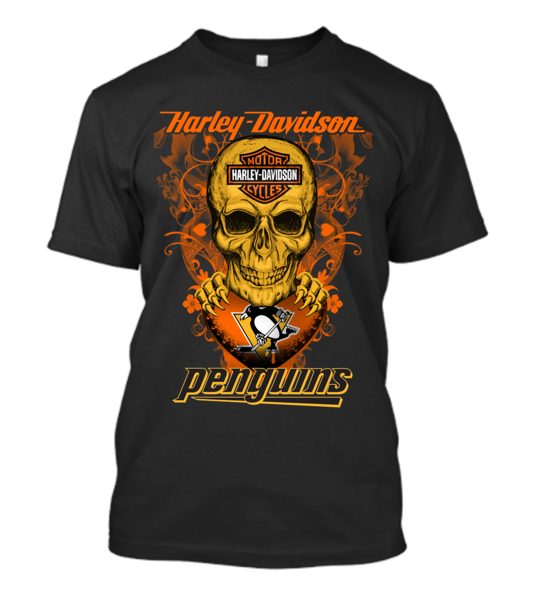 Harley Davidson Motor Cycles Skull Penguins Nhl Pittsburgh T-Shirt