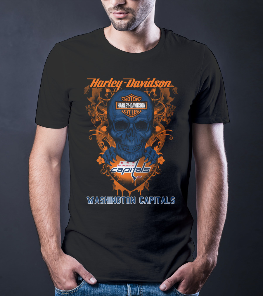 Harley Davidson Washington Capitals Motorcycles Blue Skull T-Shirt