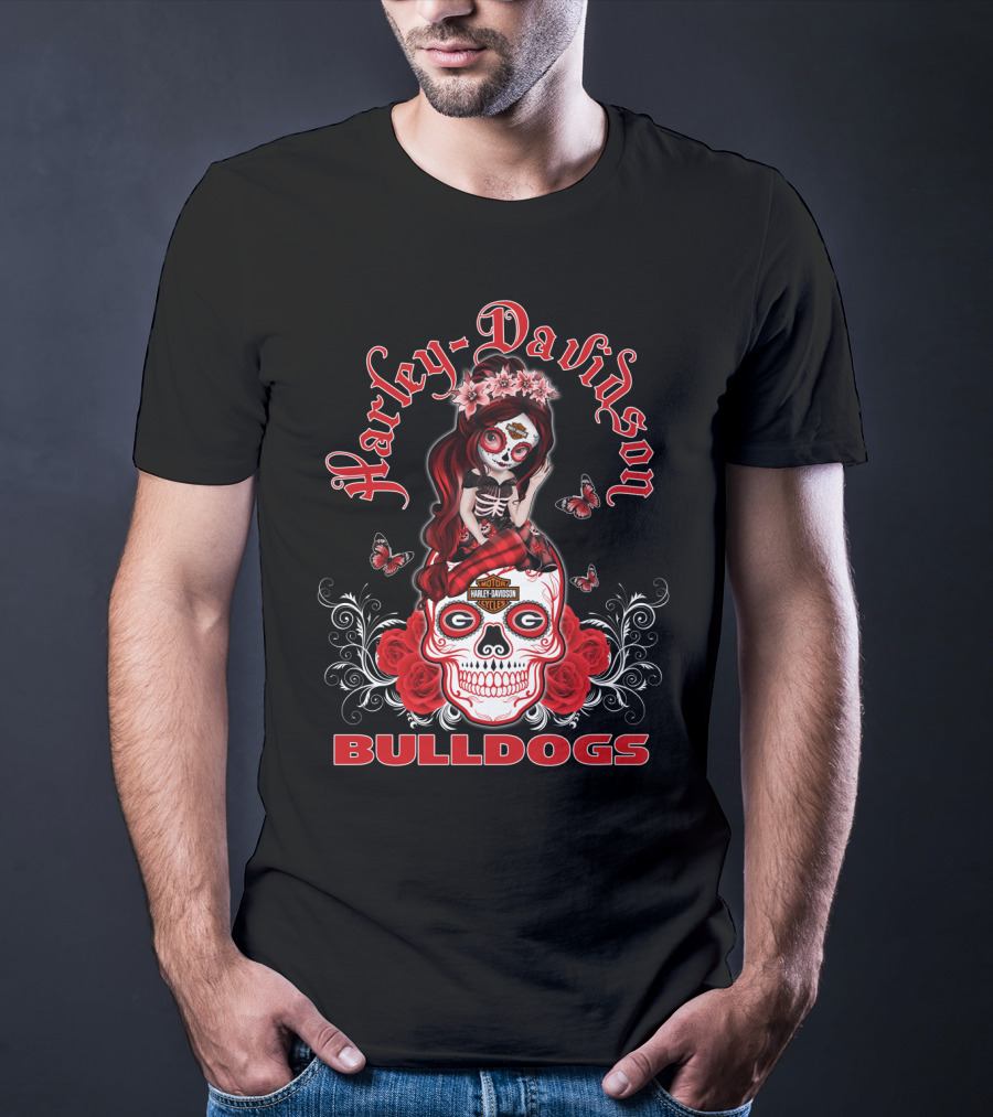 Harley Davidson Georgia Bulldogs Roses Skull T-Shirt