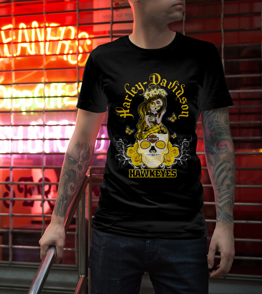 Harley Davidson Iowa Hawkeyes Day Of The Dead Girl With Skull And Butterflies T-Shirt