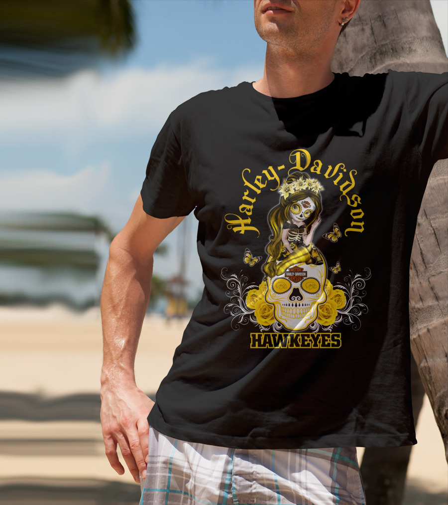 Harley Davidson Iowa Hawkeyes Day Of The Dead Girl With Skull And Butterflies T-Shirt