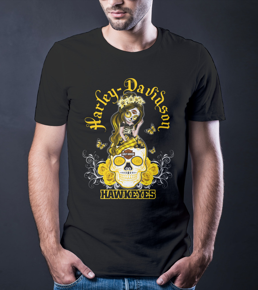 Harley Davidson Iowa Hawkeyes Day Of The Dead Girl With Skull And Butterflies T-Shirt